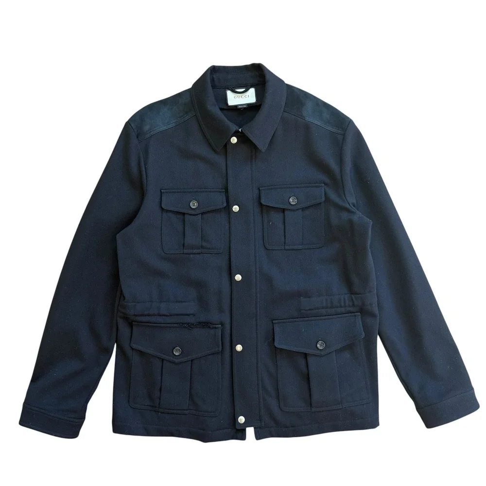Gucci Mens Black Suede Trim Field Jacket Utility Coat IT 56 Made in Italy